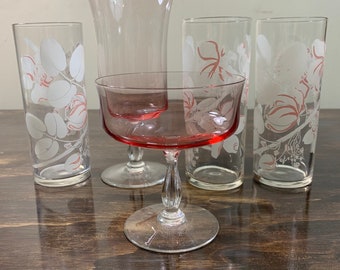 Vintage Pink and White Glasses Set of 5 Cocktail Glasses Pink Cherry Blossom Glasses Spring Tumblers Pink Glassware