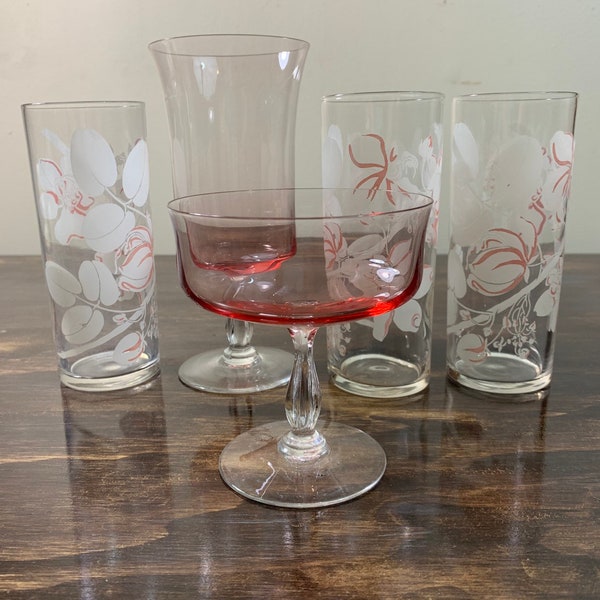 Vintage Pink and White Glasses Set of 5 Cocktail Glasses Pink Cherry Blossom Glasses Spring Tumblers Pink Glassware