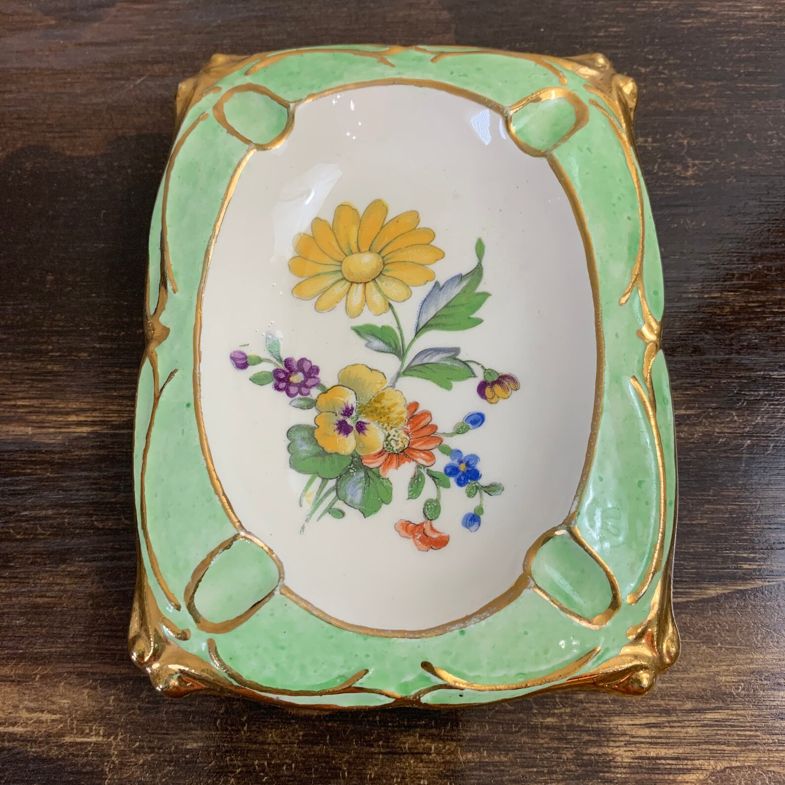 Vintage Flower Ashtrays Green and Gold Ashtrays Set of 2 Etsy