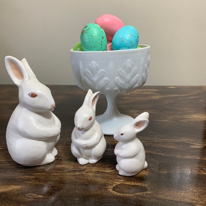 Ceramic White Bunny Rabbit Figurine Statue Centerpiece Rustic Easter Spring Deco
