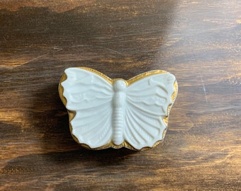 Vintage Butterfly Jewelry Box Butterfly Jewelry Dish Trinket Dish White Ceramic Butterfly Dish White and Gold Art Deco Butterfly