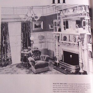 May include: An interior design image in black and white, featuring a room with a fireplace, a tufted armchair, and patterned curtains. The room has a classic, vintage aesthetic with decorative moldings and a chandelier.