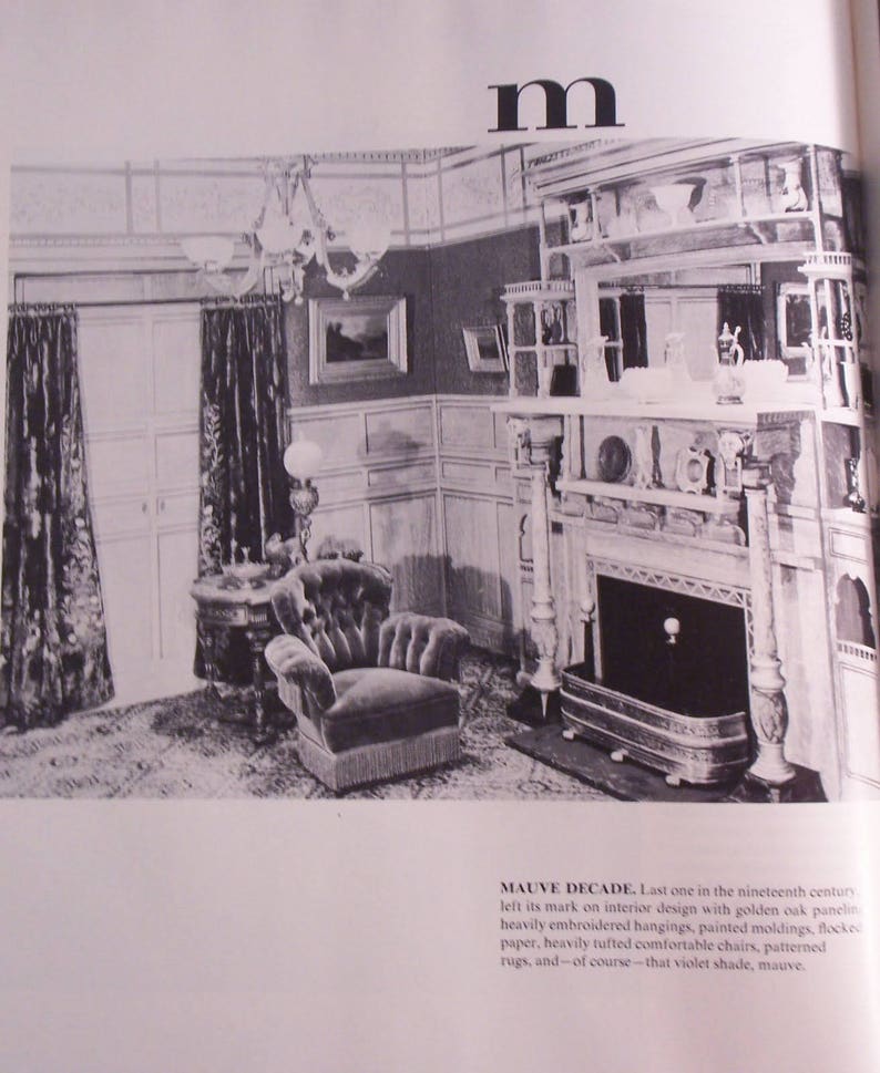 May include: An interior design image in black and white, featuring a room with a fireplace, a tufted armchair, and patterned curtains. The room has a classic, vintage aesthetic with decorative moldings and a chandelier.