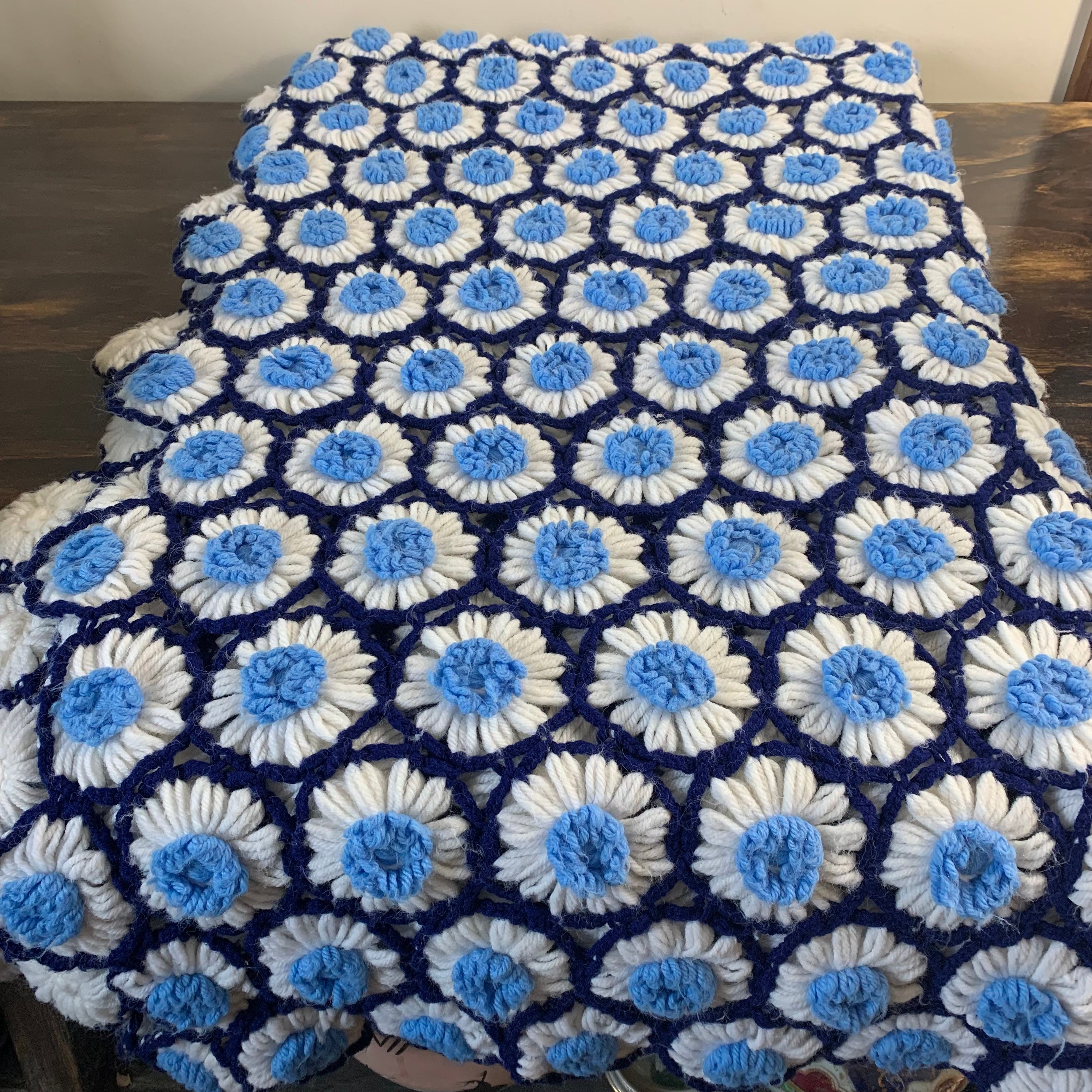 Vintage Daisy Afghan Blanket Blue and White Crochet Blanket Etsy