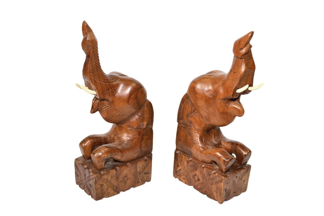 Vintage Wood Elephant Bookends Carved Wood Elephant Bookends Elephant