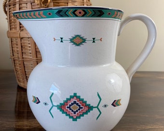 Vintage Southwestern Pitcher Aztec Pattern Pitcher Water Carafe 60 oz Pitcher Water Plants Flower Vase