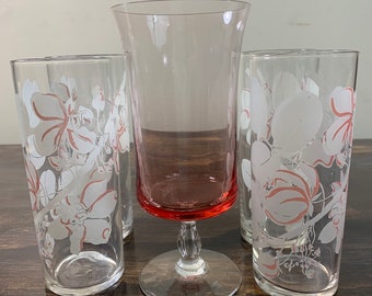 Vintage Pink and White Glasses Set of 5 Cocktail Glasses Pink Cherry Blossom Glasses Pink Tumblers Pink Glassware