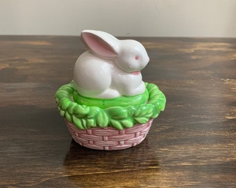 Vintage Ceramic Easter Bunny Box Rabbit Trinket Dish Easter Decorations Nursery Decor