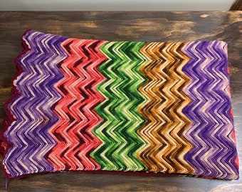 Vintage Colorful Ombre Afghan Blanket Chevron Pattern Crochet Blanket Heavy Boho Throw Blanket