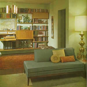May include: A mid-century modern living room with a teal sofa, wooden bookshelves filled with books, and a shag rug. A gold lamp and decorative pillows add color to the space. The room has a retro aesthetic.