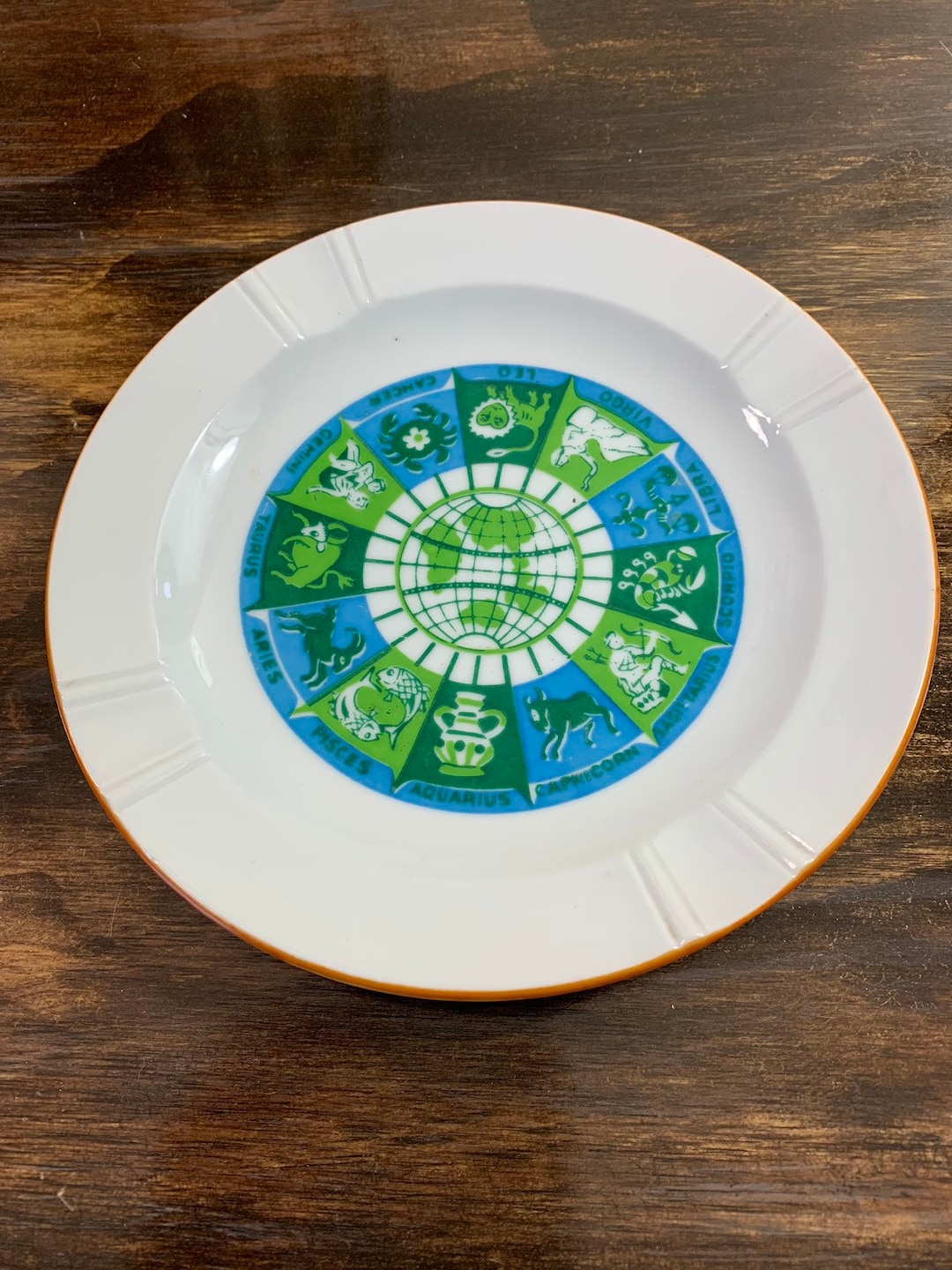 Vintage Ceramic Zodiac Ashtray Astrology Signs Ashtray Green & Blue