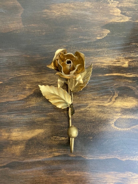 Vintage Gold Rose Hook Tole Metal Rose Flower Wall Hook French