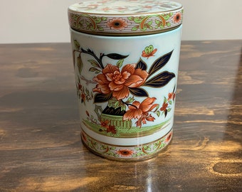 Vintage English Floral Print Tin Pink and Green Flowers Tin Made in England