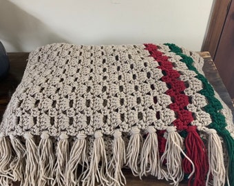 Vintage Afghan Blanket Chunky Knit Beige and Green Wine Afghan Blanket Crochet Throw Blanket