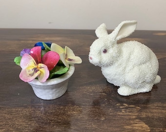 Vintage White Ceramic Rabbit Easter Decorations Pansy Flower Basket Spring Decorations Nursery Decor