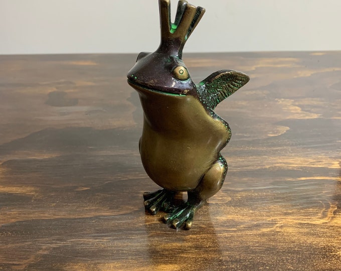 Vintage Brass Frog Prince Frog With Wings Gold Frog Prince Statue Prince Frog Figurine Frog With