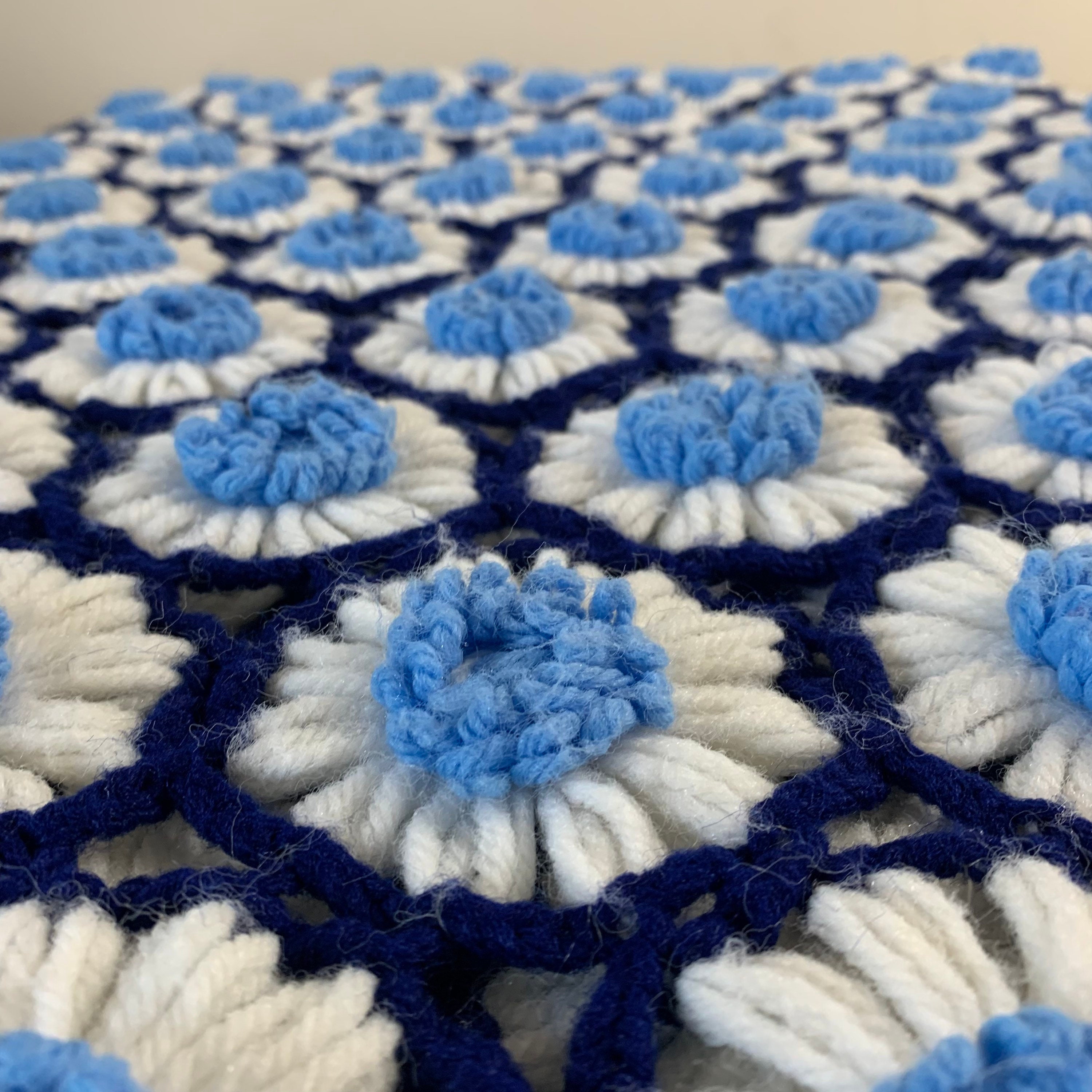Vintage Daisy Afghan Blanket Blue and White Crochet Blanket Etsy