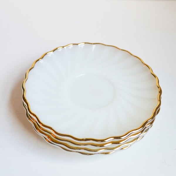 Vintage White and Gold Saucers Plates Fire King Milk Glass Saucers white Anchor Hocking Saucers with Gold Trim Set of 4