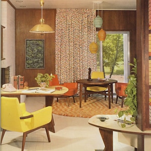 May include: A mid-century modern living room with yellow and orange furniture. The room features a round dining table, armchairs, a desk, and a patterned rug. Decorative pendant lights and a colorful curtain add to the retro aesthetic.