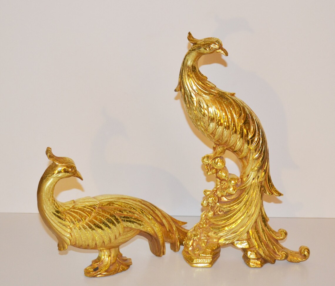 Vintage Hollywood Regency Gold Peacock Statues Gold Bird Etsy