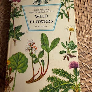 May include: Vintage book titled "The Pocket Encyclopaedia of Wild Flowers in Colour." The cover features illustrations of various wildflowers in shades of yellow, purple, white, and green. The book has a light beige background and a blue border around the title.