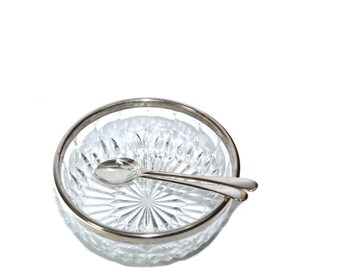 Vintage Cut Glass Serving Bowl Crystal Salad Bowl Silver and Crystal Salad Bowl with Spoon and Fork