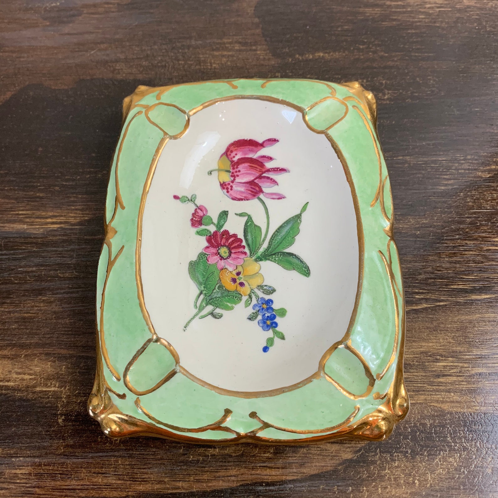 Vintage Flower Ashtrays Green and Gold Ashtrays Set of 2 Etsy