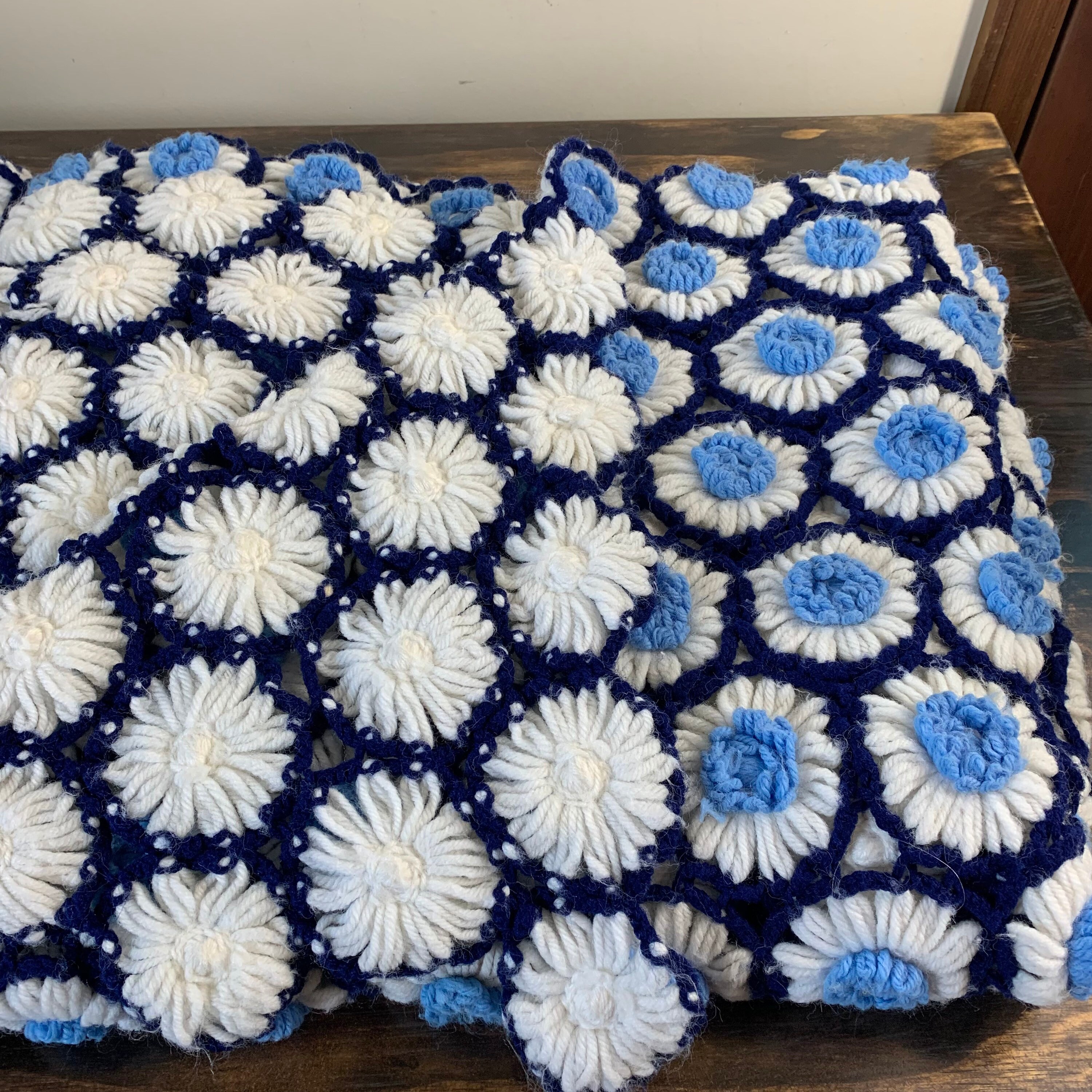 Vintage Daisy Afghan Blanket Blue and White Crochet Blanket Etsy