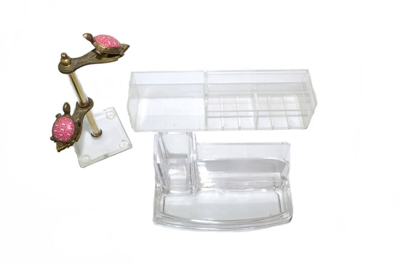 Lucite Desk Organizer Caddy Vanity Tray Turtle Note Clip