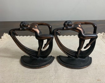 Vintage Art Deco Scarf Dancer Bookends Set of 2 Brass Dancing Woman Bookends Dancing Nymphs Bookends