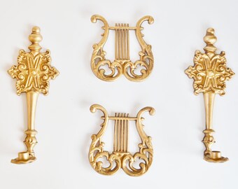 Vintage Gold Wall Sconces Gold Harps Gold Art Deco Wall Decor Art Deco Wall Decor