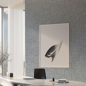 May include: Modern office space featuring a large, organically shaped desk with a polished chrome base and white top. A black chair sits nearby. A framed abstract artwork hangs on the wall, and a cityscape is visible through the large windows.