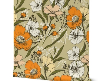 Floral Wallpaper | Orange and Heart of Palm-SW-color Botanical Pattern