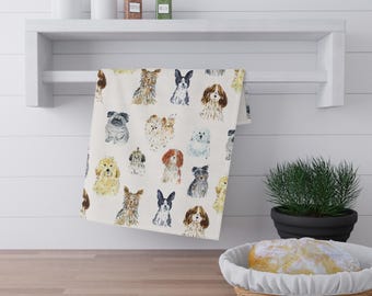 Strofinaccio con facce di cane ad acquerello / Decorazione da cucina con motivo di cuccioli
