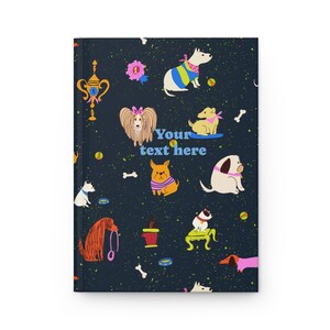 Whimsical Dog Pattern Hardcover Journal | Puppies, Bones, Toys, Navy Background