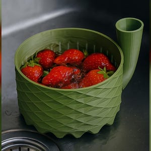 May include: A green plastic colander with a diamond pattern, filled with fresh red strawberries. The colander has a curved spout and is sitting in a stainless steel sink. The strawberries are wet, suggesting they have been washed.