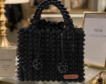 Bolso de mano negro con cuentas, bolso de noche hecho a mano, bolso de lujo llamativo, regalo elegante para ella, bolso de diseñador único, bolso Niniera
