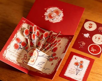 Romantic Rose Pop-Up Card, 3D Floral Greeting Card, Handmade Paper Flower Bouquet, Love Card for Anniversary, Mother's Day Card