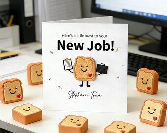 Personalized Congratulations New Job Card, Cute Toast Character Card, Custom Name Graduation First Job Gift, Coworker Farewell Card