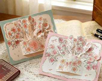 Romantic Rose Pop-Up Card, 3D Floral Greeting Card, Handmade Paper Flower Bouquet, Love Card for Anniversary, Mother's Day Card