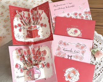 3D Pop Up Rose Greeting Card, Romantic Floral Card for Valentine's Day, Mother's Day Gift, Handmade Bouquet Card, Anniversary Love Card
