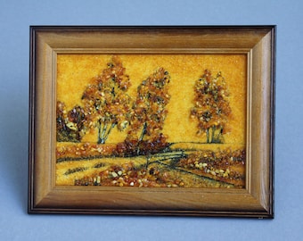 Quadro vintage in ambra baltica con paesaggio – Mosaico decorativo da parete incorniciato