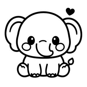 Puede incluir: Ilustración de dibujos animados en blanco y negro de un elefante lindo con orejas grandes, ojos grandes y una pequeña trompa. Un corazón negro flota sobre la cabeza del elefante. El elefante está sentado.