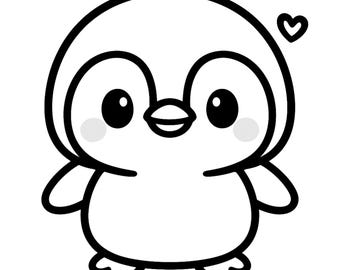 Kawaii Penguin Line Art SVG | Cute Chibi Penguin with Heart Outline | Coloring Page PNG 4096px | Cricut Cut File | Kawaii Animal Clipart