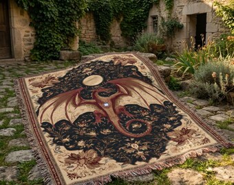 Dragon Tapestry Blanket, Medieval Fantasy Woven Throw, Gothic Wall Blanket, Mythical Dragon Decor, Vintage Tapestry Art