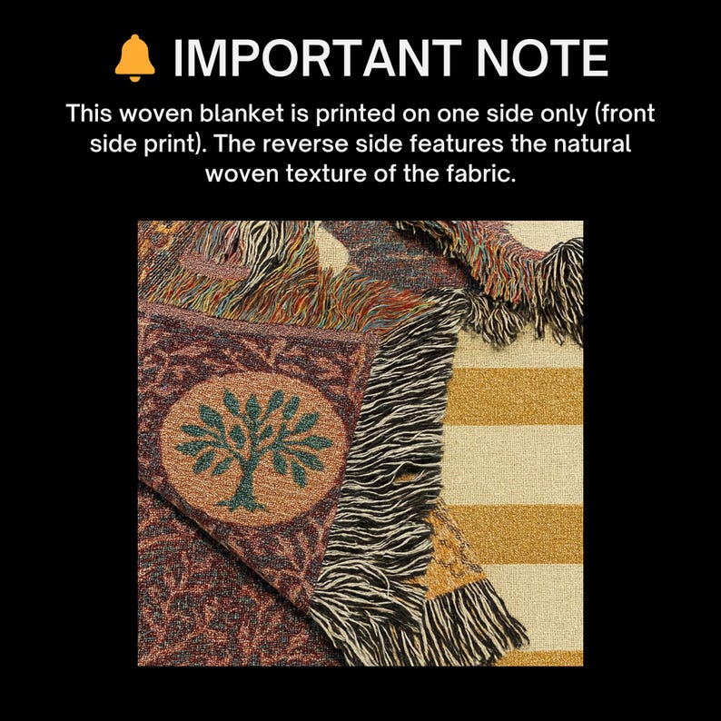 May include: Woven blanket with a tree design in an oval, featuring a brown and green color scheme. The blanket has a fringed edge and a striped section in beige and gold. The text "IMPORTANT NOTE" is at the top.