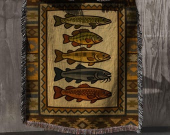Rustic Fishing Woven Blanket, Cabin Lake House Decor Throw, Trout Bass Fish Tapestry, Lodge Style Farmhouse Gift for Dad Fisherman