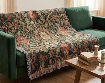 Vintage Damask Woven Tapestry Blanket, Baroque Botanical Wall Hanging, Dark Green Old World Decor