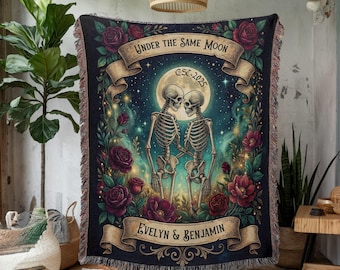 Under the Same Moon Skeleton Couple Woven Blanket, Personalized Gothic Romance Throw, Custom Name Anniversary Gift