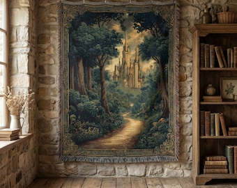 Fantasy Castle Woven Blanket, Fairytale Forest Tapestry Throw, Medieval Landscape Wall Art, Cottagecore Home Decor, Storybook Jacquard